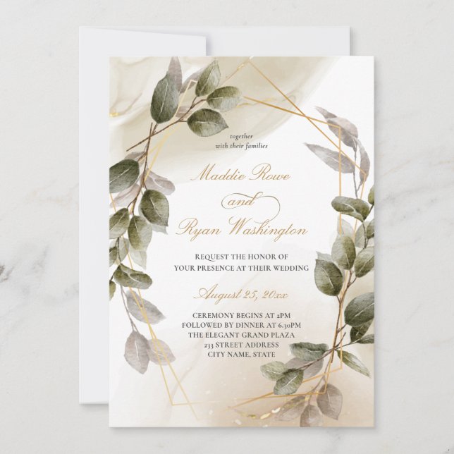 Invitación Elegante Boda de follaje Rubor Green & Gold (Anverso)