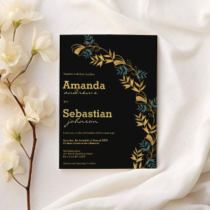 Invitación Elegante boda de follaje verde cian-oro negro