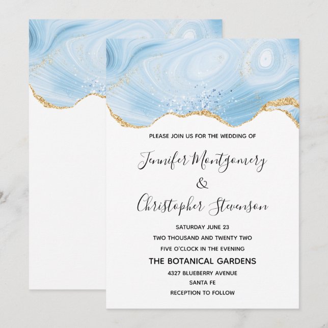 Invitación Elegante Boda de fondo azul y oro agate (Anverso / Reverso)