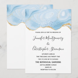 Invitación Elegante Boda de fondo azul y oro agate