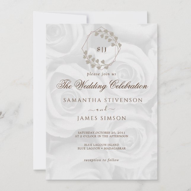 Invitación Elegante Boda de fondo de ROses blanco (Anverso)