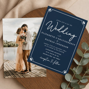 Invitación Elegante Boda de Foto Azul y Blanco Escritura