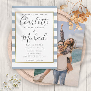 Invitación Elegante boda de foto con guión de franja azul pol