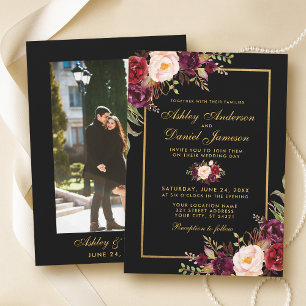 Invitación Elegante Boda de foto de oro negro con flores de B