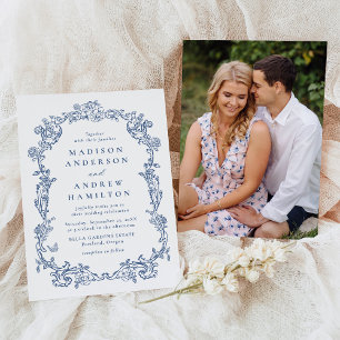 Invitación Elegante Boda de Foto Floral Victoriana Azul Franc