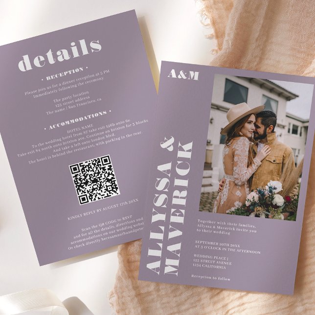 Invitación Elegante boda de fotografía audaz simple morado bl (Subido por el creador)