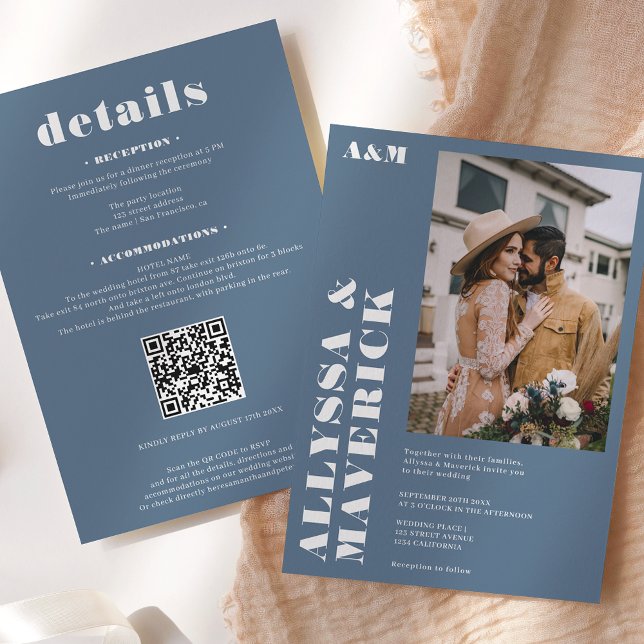 Invitación Elegante boda de fotografía azul polvoriento blanc (Subido por el creador)