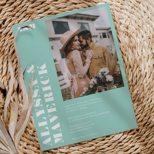 Invitación Elegante boda de fotografía azul turquesa y negrit (Elegant Bold simple turquoise blue photo wedding Invitation)