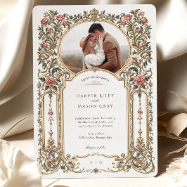 Invitación Elegante Boda de fotografía barroco floral dorada
