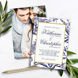Invitación Elegante Boda de fotografía botánica de oro azul d