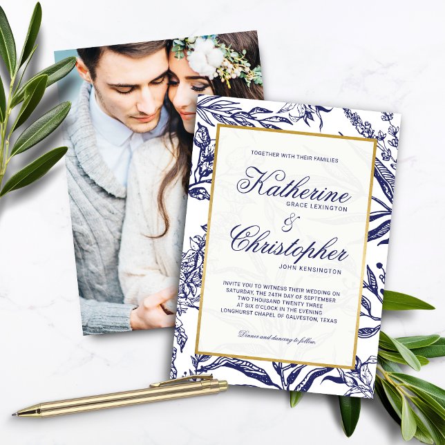Invitación Elegante Boda de fotografía botánica de oro azul d (Elegant Navy Blue Gold Botanical Photo Wedding Invitations)