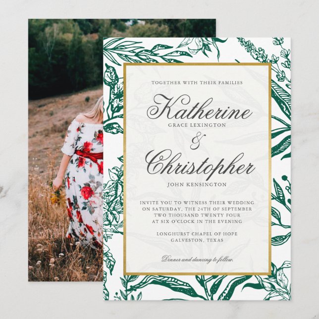 Invitación Elegante Boda de fotografía botánica de oro verde  (Anverso / Reverso)