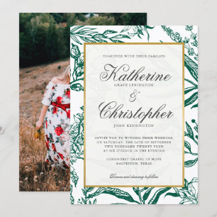 Invitación Elegante Boda de fotografía botánica de oro verde