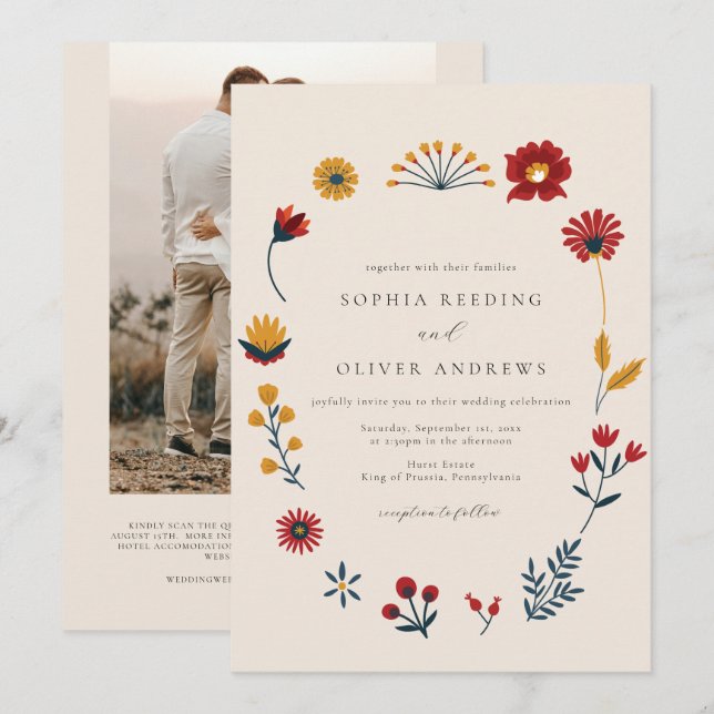 Invitación Elegante Boda de fotografía con código QR floral d (Anverso / Reverso)