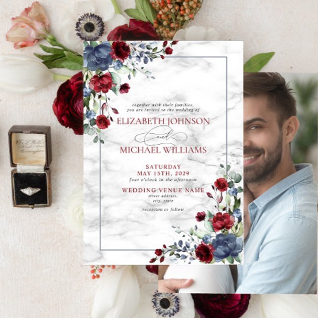 Invitación Elegante Boda de fotografía con flores azul turbio (Subido por el creador)