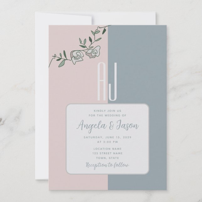 Invitación Elegante Boda de fotografía con flores azules y ro (Anverso)