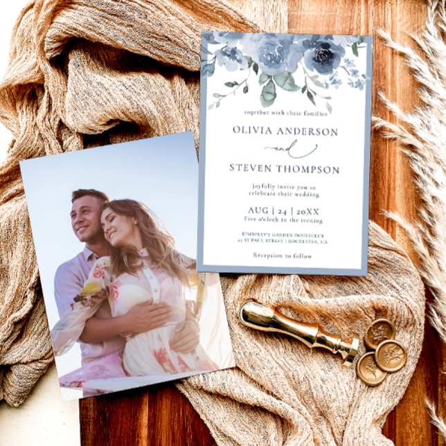 Invitación Elegante Boda de fotografía con flores azules y tu (Subido por el creador)