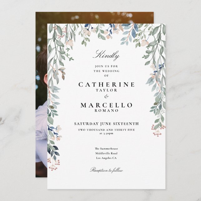 Invitación Elegante Boda de fotografía con flores silvestres (Anverso / Reverso)