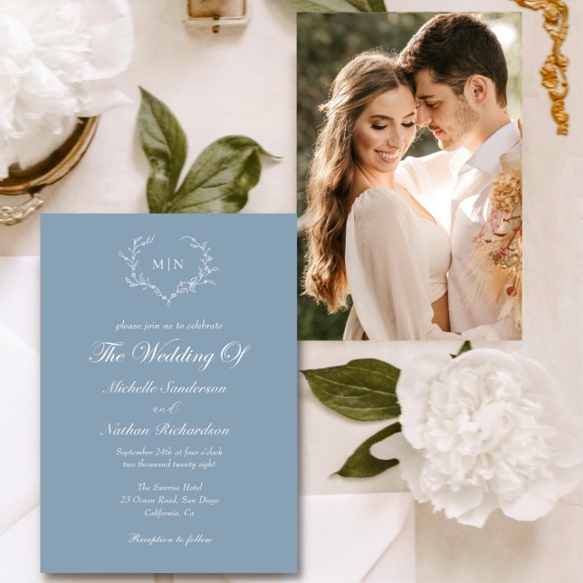 Invitación Elegante Boda de fotografía con monograma azul tur (Subido por el creador)