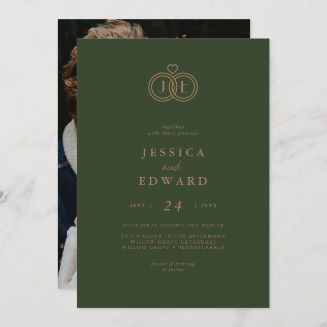 Invitación Elegante Boda de fotografía de casual de verde (Anverso / Reverso)
