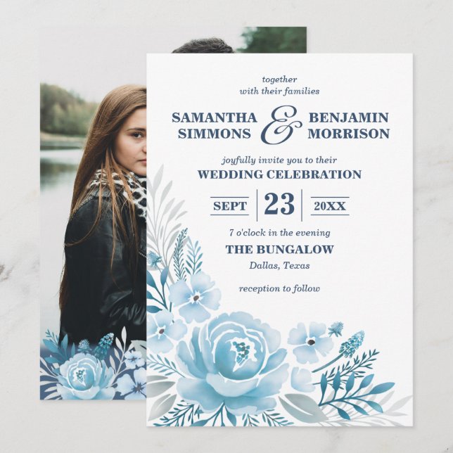 Invitación Elegante Boda de fotografía de color azul vertigin (Anverso / Reverso)