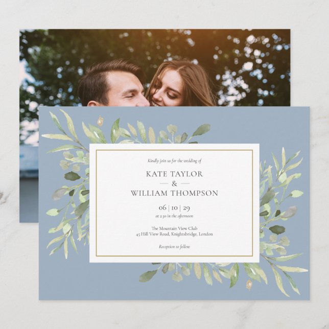 Invitación Elegante Boda de fotografía de Dusty Blue Greenery (Anverso / Reverso)