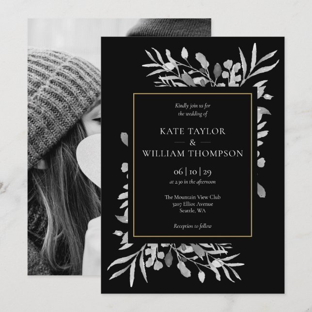 Invitación Elegante Boda de fotografía de follaje blanco negr (Anverso / Reverso)