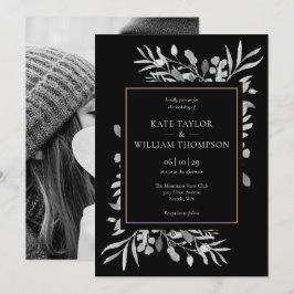 Invitación Elegante Boda de fotografía de follaje blanco negr