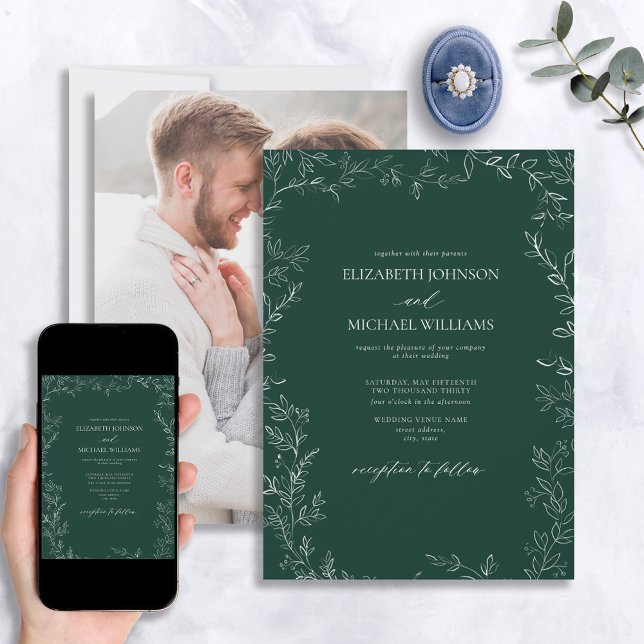 Invitación Elegante Boda de fotografía de hoja mínima verde e (Subido por el creador)
