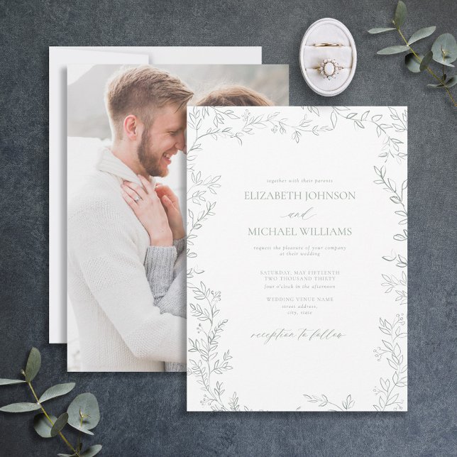 Invitación Elegante Boda de fotografía de hoja mínima verde s (Subido por el creador)