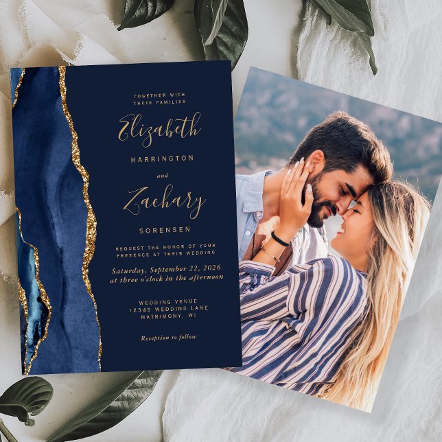 Invitación Elegante Boda de fotografía de la Marina Blue Gold (Subido por el creador)