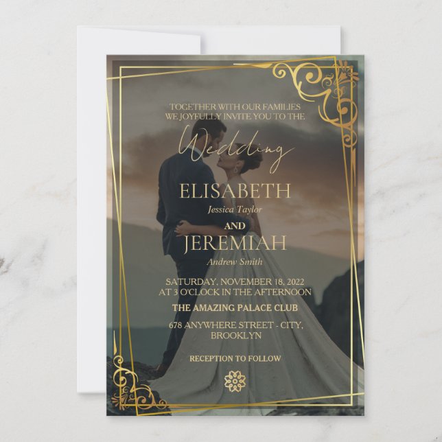 Invitación Elegante Boda de fotografía de lujo dorado y negro (Anverso)