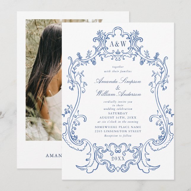 Invitación Elegante Boda de fotografía de marco azul turbio b (Anverso / Reverso)