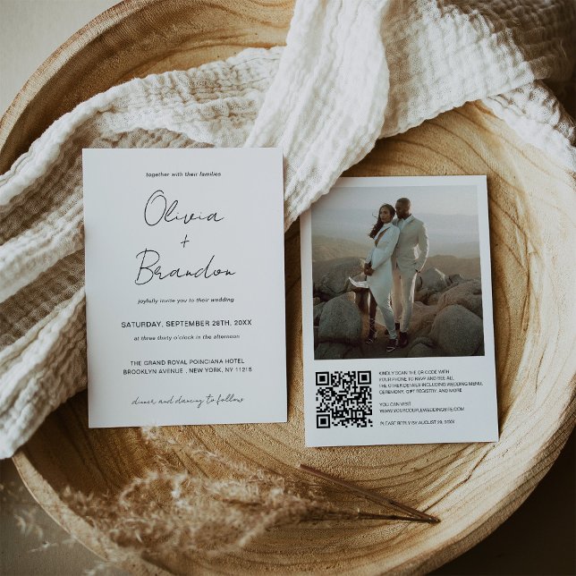 Invitación Elegante Boda de fotografía de marco de código QR  (Elegant Handwritten QR Code Frame Photo Wedding Invitation)