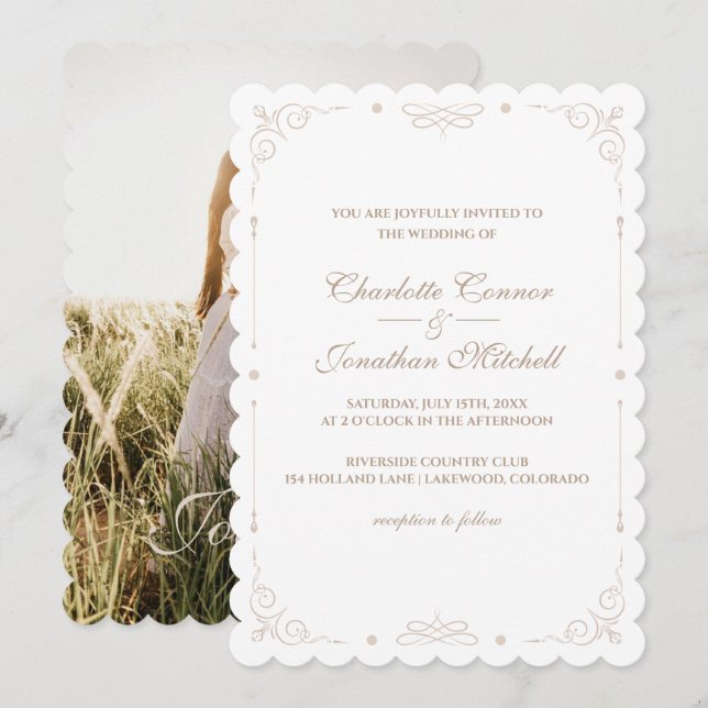 Invitación Elegante Boda de fotografía de marco ornamental (Anverso / Reverso)