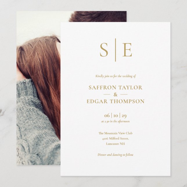 Invitación Elegante Boda de fotografía de monograma de oro mo (Anverso / Reverso)