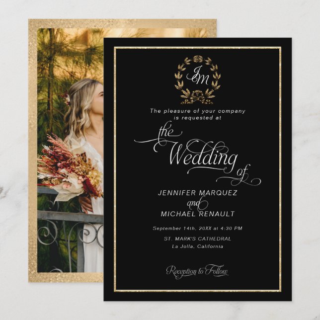 Invitación Elegante Boda de fotografía de monograma negro y o (Anverso / Reverso)