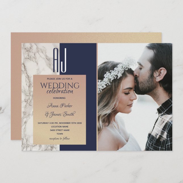 Invitación Elegante Boda de fotografía de oro azul de la Mari (Anverso / Reverso)