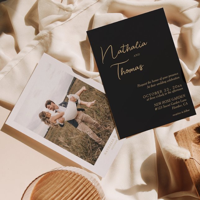 Invitación Elegante Boda de fotografía de oro negro simple (Subido por el creador)