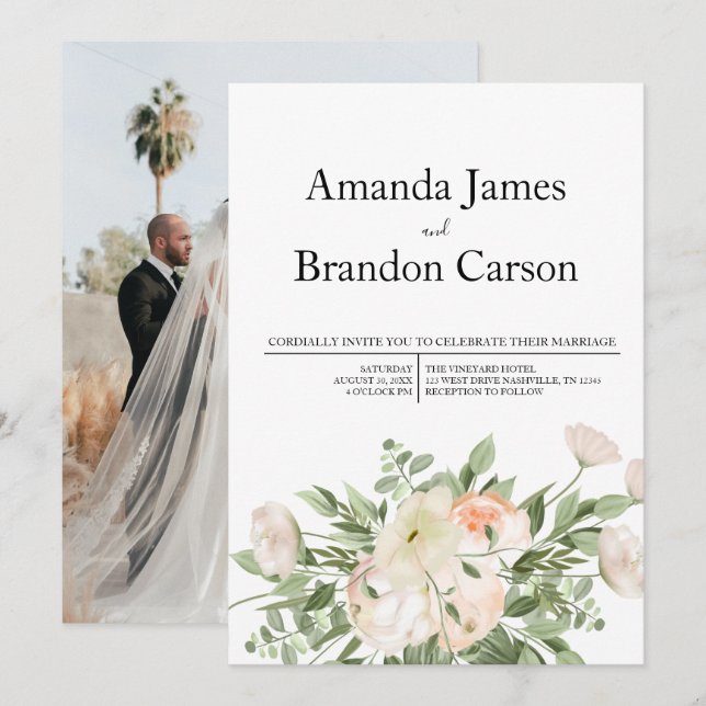 Invitación Elegante Boda de fotografía de peones rosados (Anverso / Reverso)