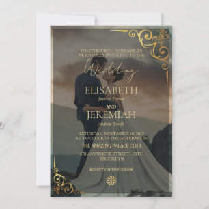 Invitación Elegante Boda de fotografía dorada y negra superpu
