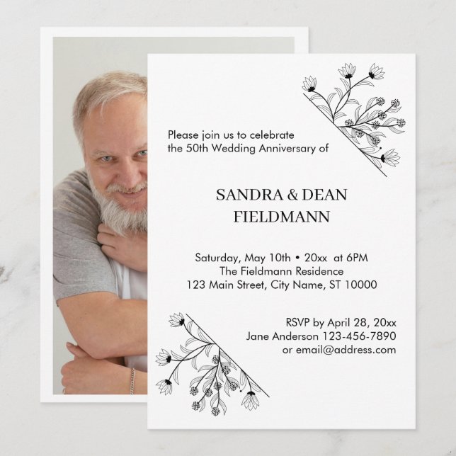 Invitación Elegante Boda de fotografía floral 50º aniversario (Anverso / Reverso)