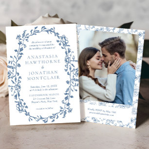 Invitación Elegante Boda de fotografía floral azul victoriano