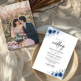 Invitación Elegante Boda de fotografía floral azul vintage fr