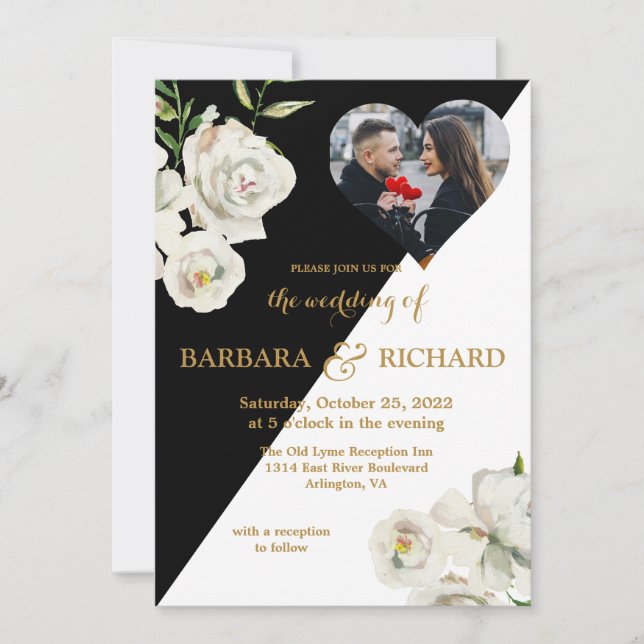 Invitación Elegante Boda de fotografía floral blanca y negra (Anverso)