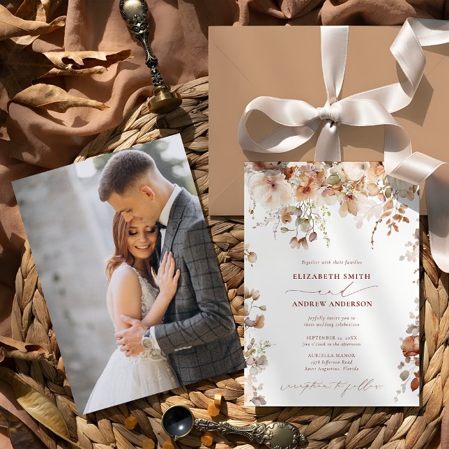 Invitación Elegante Boda de fotografía floral de Boho Beige (Subido por el creador)