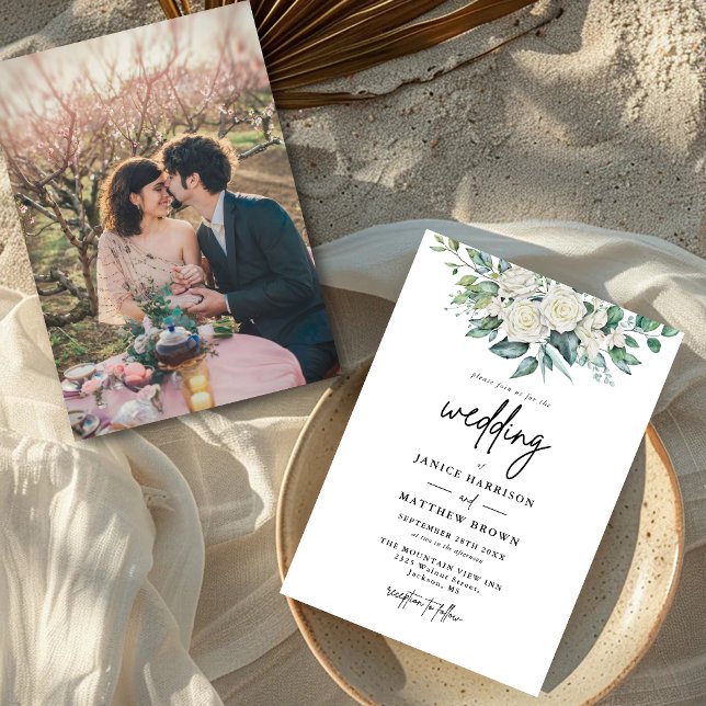 Invitación Elegante Boda de fotografía floral de rosa blanca  (Subido por el creador)