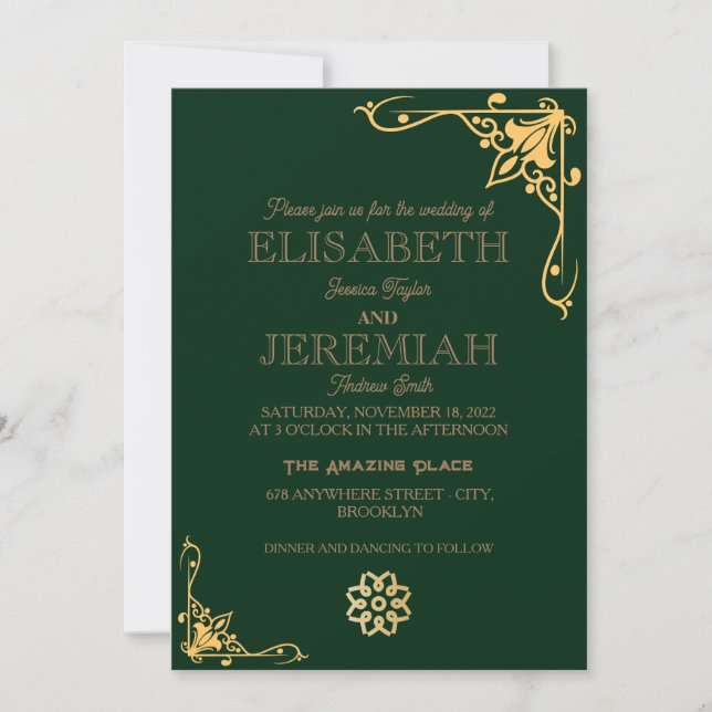 Invitación elegante boda de fotografía lujosa de oro verde cl (Anverso)