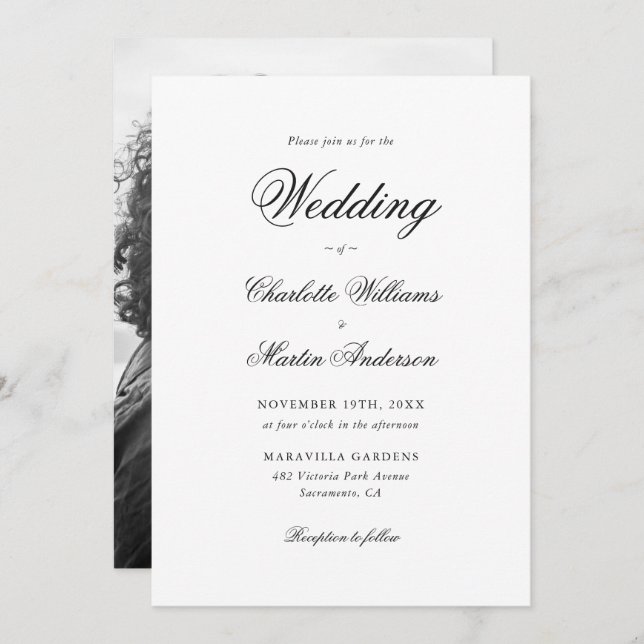 Invitación Elegante Boda de fotografía moderna en blanco y ne (Anverso / Reverso)