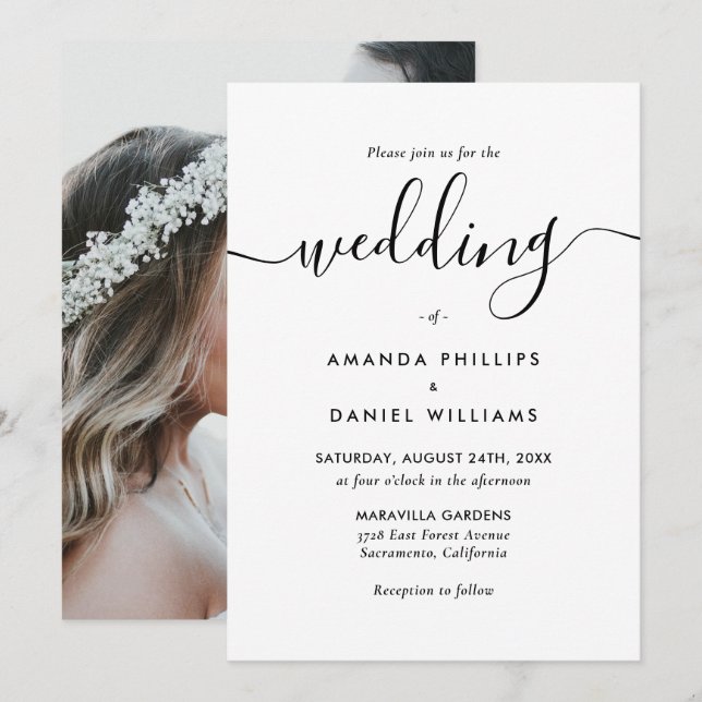 Invitación Elegante Boda de fotografía moderna en blanco y ne (Anverso / Reverso)